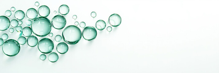 Wall Mural - Highly detailed translucent green orbs of varying diameters, arranged randomly on a bright white bac