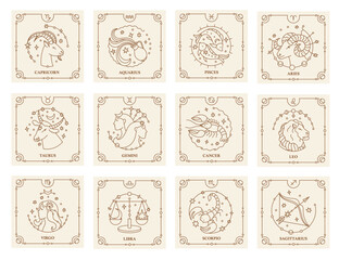astrology sign. zodiac constellation symbols with horoscope icons, abstract astrological minimal lin