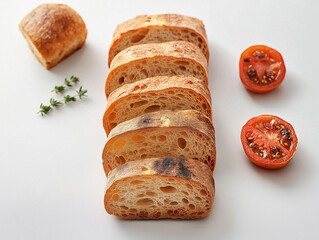 The slices of baguette bread on a white background. Food photography.