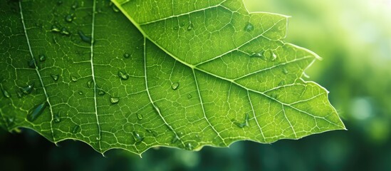 Wall Mural - Detailed close-up of a lush green grape leaf with water droplets glistening on its surface, showcasing intricate vein patterns against a soft blurred background.