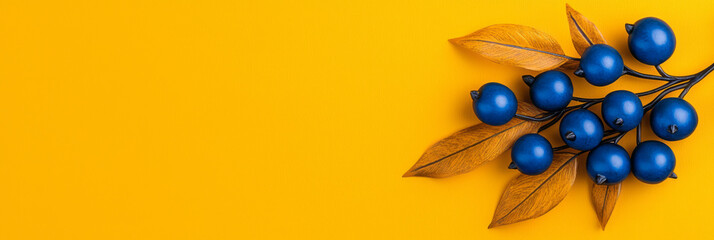 Fototapete - A minimalistic setup showcasing bold, cobalt-colored berries sprinkled under a golden-brown fern lea
