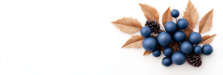 Aufkleber - A minimalistic setup showcasing bold, cobalt-colored berries sprinkled under a golden-brown fern lea