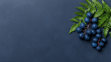 Aufkleber - A gently lit still life where a textured fern leaf arches over a group of scattered blue berries, ad