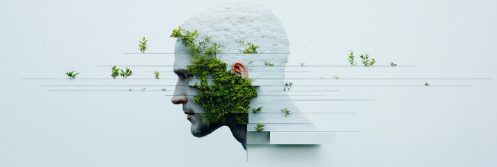 Fototapete - A minimalist scene of an overgrown human sculpture with small plants, partially integrated into a sl