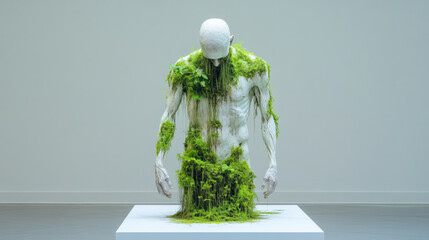 Aufkleber - An avant-garde display of a moss-infused human figure, arms and head emerging from a clean, rectangu