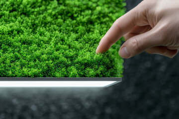 Aufkleber - A close-up of a hand lifting a corner of a lush, green moss panel, uncovering a beige layer and cris