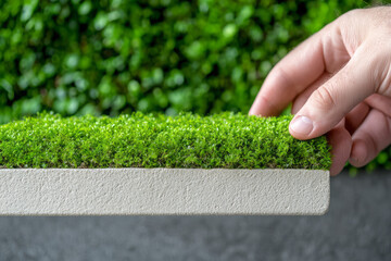 Aufkleber - A close-up of a hand lifting a corner of a lush, green moss panel, uncovering a beige layer and cris