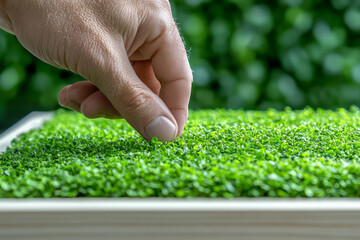 Aufkleber - A close-up of a hand lifting a corner of a lush, green moss panel, uncovering a beige layer and cris
