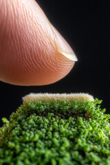 Aufkleber - A macro shot of fingers gently peeling back a section of moss, exposing a subtle beige backing and s