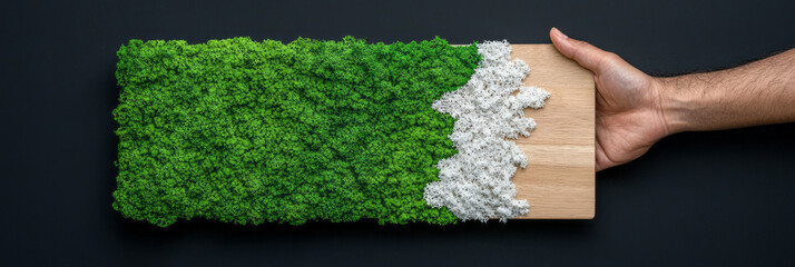 Aufkleber - A minimalist composition focusing on a vibrant moss-covered board, as a hand reveals the hidden beig