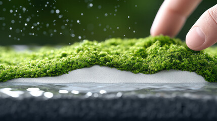 Aufkleber - A detail-oriented scene of a hand rolling back moss to display a contrasting beige backing and clean