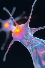 Poster - A vibrant, three-dimensional close-up of two neuron endings where neurotransmitters are visibly tran