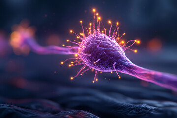 Poster - A stylized 3D depiction of neuronal communication, with glowing neurotransmitters traveling from one