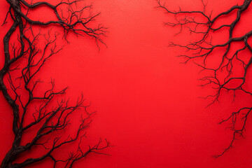 Poster - An overhead view of curling green vines bristling with thorns, laid across an intense red gradient s