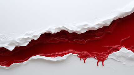 Poster - An abstract composition featuring deep red fluid flowing in thin rivulets across a textured, white,