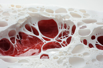 Aufkleber - A visually striking shot of vivid crimson liquid trickling through a maze of white pores, emphasizin