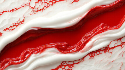 Poster - An abstract composition featuring deep red fluid flowing in thin rivulets across a textured, white,