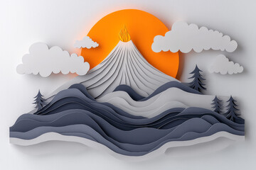 Poster - A paper-cut style volcanic scene with tiered, smoky gray layers rising from the crater, highlighted