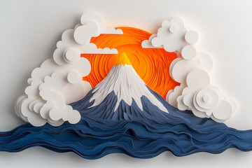 Poster - A paper-cut style volcanic scene with tiered, smoky gray layers rising from the crater, highlighted