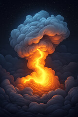 Poster - An abstract depiction of a volcano erupting, where sculpted gray smoke collides in layered formation