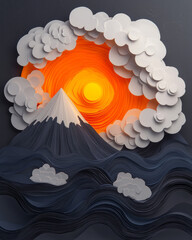 Poster - A geometric rendition of an erupting volcano with tiered paper-like smoke silhouettes in charcoal gr