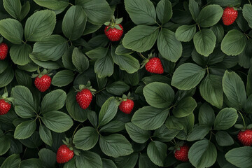 Aufkleber - A close-up of a vibrant strawberry patch, showcasing bright green foliage dotted with small, ripe re
