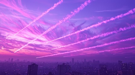 Canvas Print - Stunning Twilight Sky with Vapor Trails Over Cityscape at Dusk