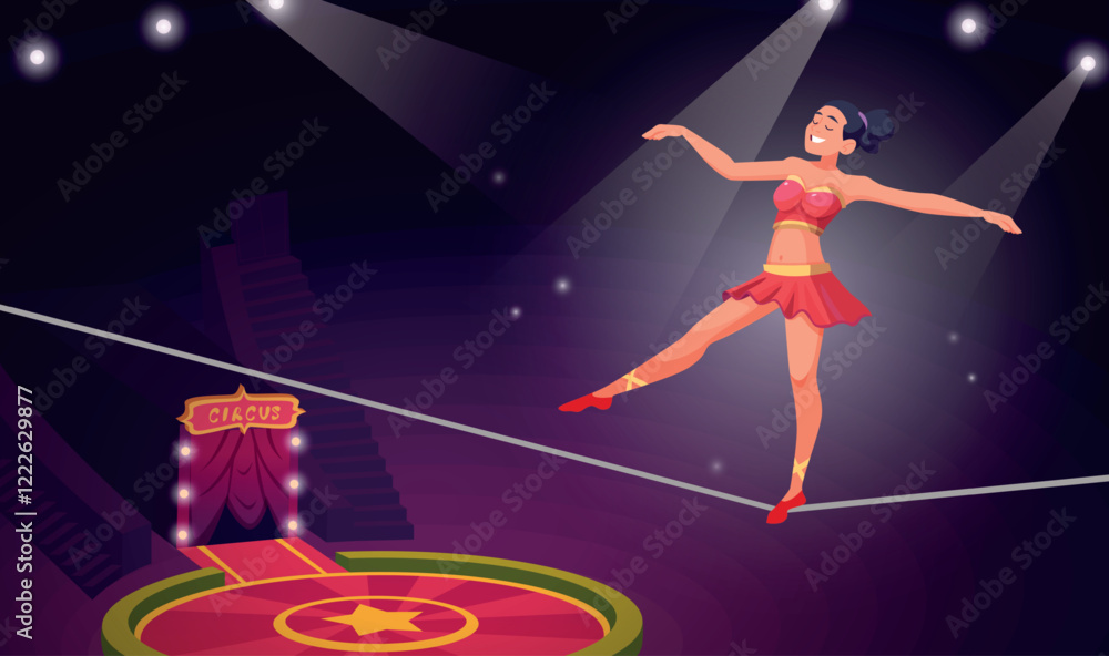 Circus performance. Acrobatic show on circus area exact vector cartoon ...