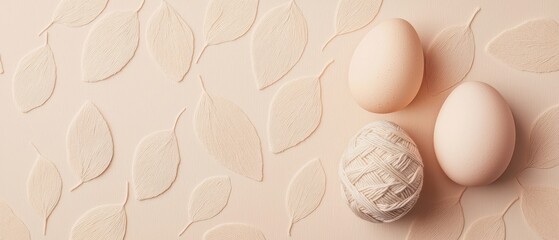 Wall Mural - Yarn Easter egg with two eggs on a pastel leaf pattern background. Handmade Easter day decoration.