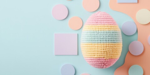 Wall Mural - A colorful handmade yarn Easter egg on a pastel background. Handmade Easter day decoration.