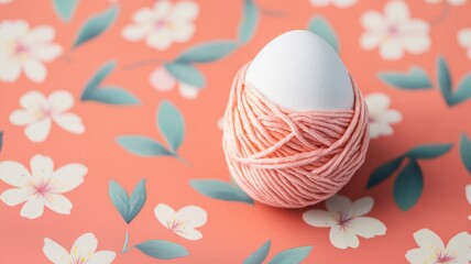 Wall Mural - Yarn-wrapped Easter egg on floral pastel background. Handmade Easter day decoration.