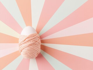 Wall Mural - Yarn-wrapped egg displayed on a pastel starburst background. Handmade Easter day decoration.