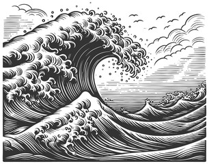 Wall Mural - dramatic ocean wave with swirling foam, showcasing the power and beauty of the sea sketch engraving 