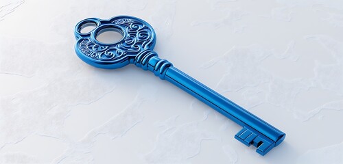 Electric blue modern key with futuristic engravings, resting on white