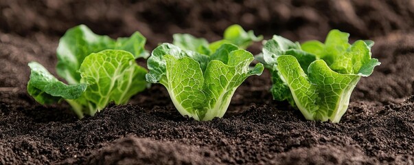 Wall Mural - Organic produce gardening concept. Fresh lettuce seedlings growing in rich, dark soil under natural light.