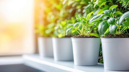 Wall Mural - Eco-friendly practices gardening concept. A row of vibrant plants in decorative pots, enhancing indoor spaces with greenery.