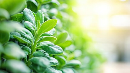 Wall Mural - Eco-friendly practices gardening concept. Close-up of vibrant green leaves in soft sunlight, showcasing nature's beauty and freshness.