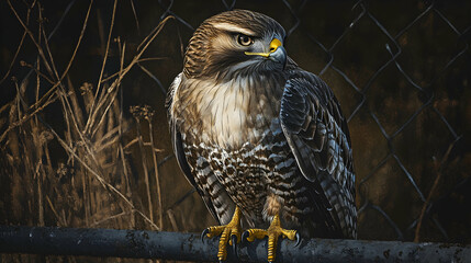 a close-up of a common buzzard perched on a fence, with detailed feathers and intense eyes, illumina