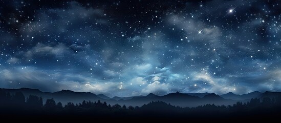Panoramic view of a night sky filled with bright stars and clouds above dark silhouette mountains in deep blue and black tones.