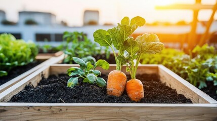 Wall Mural - Local foods gardening idea. Vibrant carrots grow in a wooden garden box under the sunset glow.