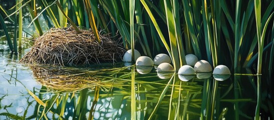 Coot nest with submerged eggs in shallow water surrounded by vibrant green reeds reflecting in the still water creating a serene natural scene