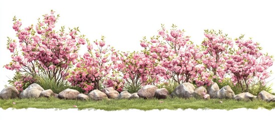 Wall Mural - Cherry blossom bushes in pink with isolated flowers on a green lawn and smooth stones create a serene nature backdrop for gardening themes.