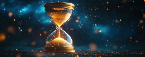 Wall Mural - golden hourglass against cosmic background with glittering sands