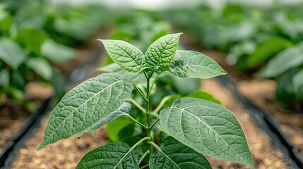 Canvas Print - Sustainable gardening idea. A close-up view of vibrant green leaves rising in a field of young plants.