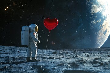 Wall Mural - romantic postcard astronaut in white spacesuit with red heart-shaped on moon surface with planet in 