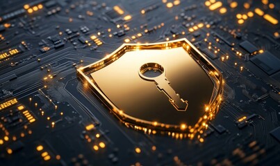 digital security shield with keyhole symbol, representing protection and safety in technology. golden shield stands out against dark