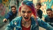 © Vladimir - A woman with rainbow hair yells.