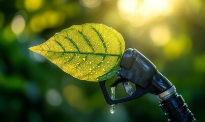 Wall Mural - Eco friendly transformation of gasoline into green leaf symbolizing sustainability