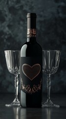 Wall Mural - Elegant wine bottle with a custom heart-shaped label, accompanied by a pair of crystal glasses