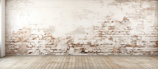 Canvas Print - Rustic interior room with white distressed brick wall and light wooden floor, creating a bright, airy atmosphere ideal for creative spaces.